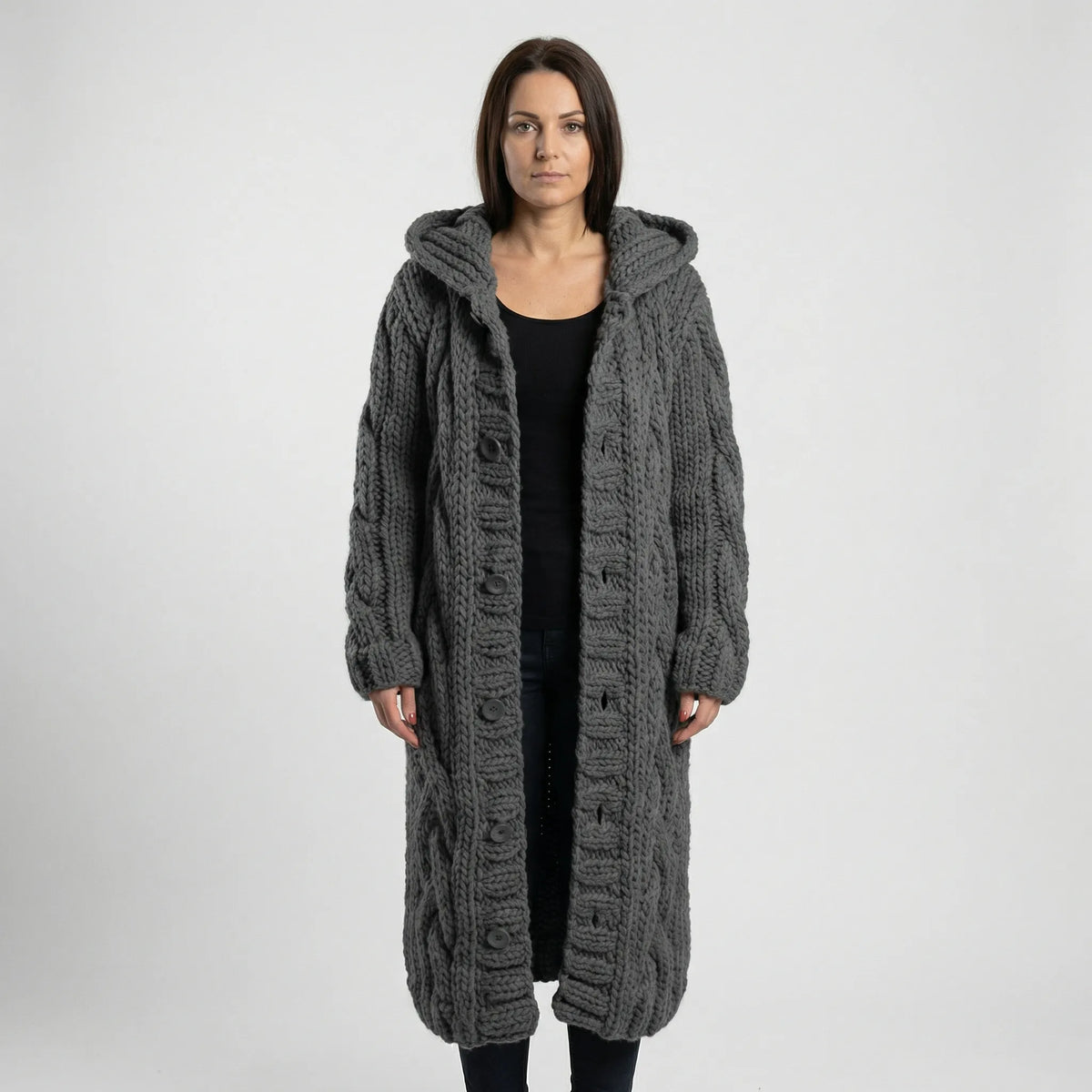 Lang Grof Gebreid Vest Met Kabelpatroon - Cathy