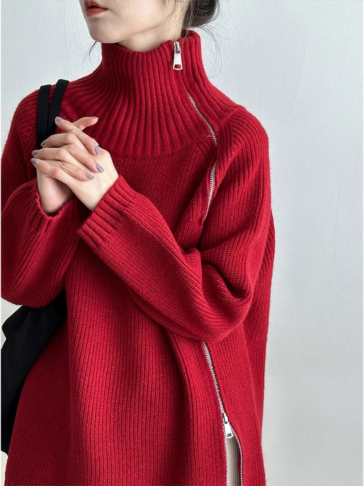 Damski sweter na zamek błyskawiczny - Clara-Czerwony-Jedna rozmiar-Trend Polska