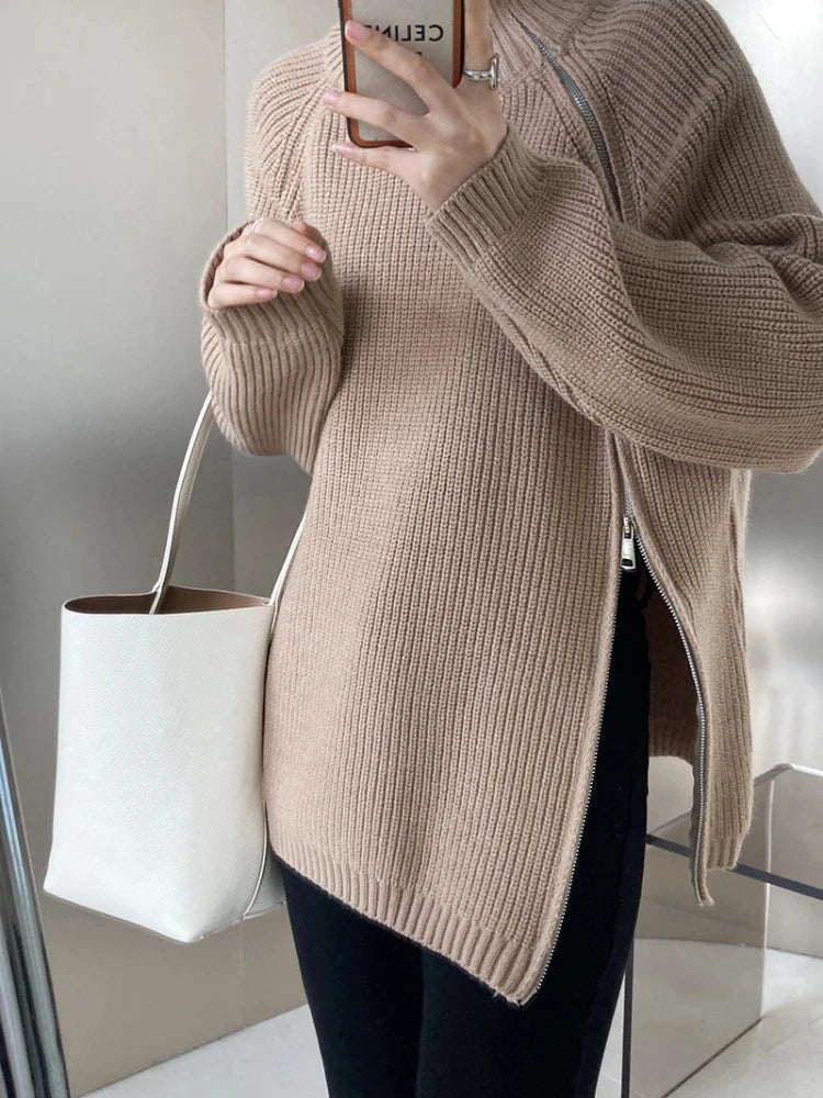 Damski sweter na zamek błyskawiczny - Clara-Khaki-Jedna rozmiar-Trend Polska