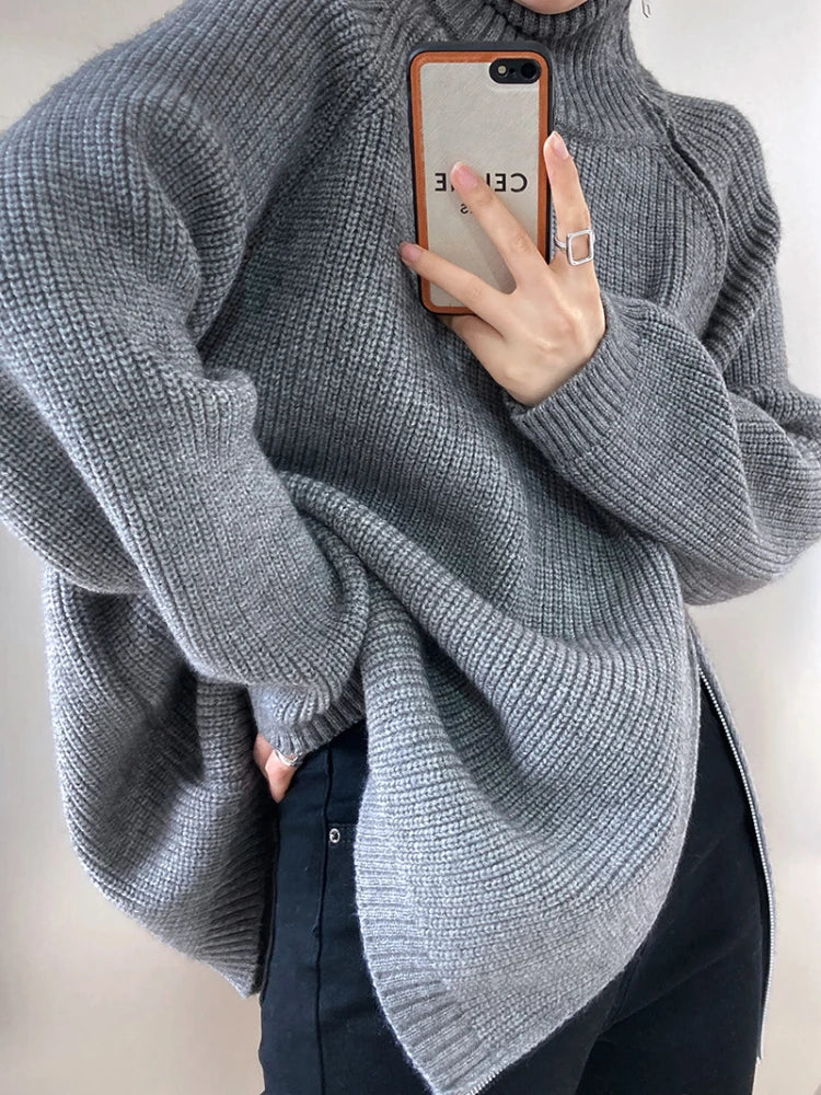 Damski sweter na zamek błyskawiczny - Clara-Szary-Jedna rozmiar-Trend Polska