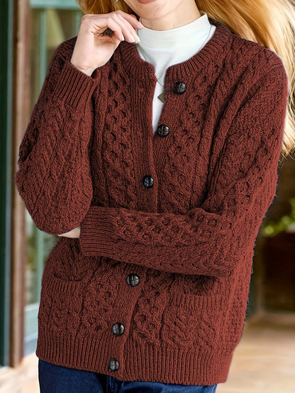 Gładki sweter z zapięciem na guziki i kieszeniami - Olivia-Brązowy-S-Trend Polska