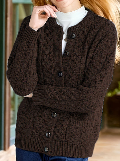 Gładki sweter z zapięciem na guziki i kieszeniami - Olivia-Ciemnobrązowy-S-Trend Polska