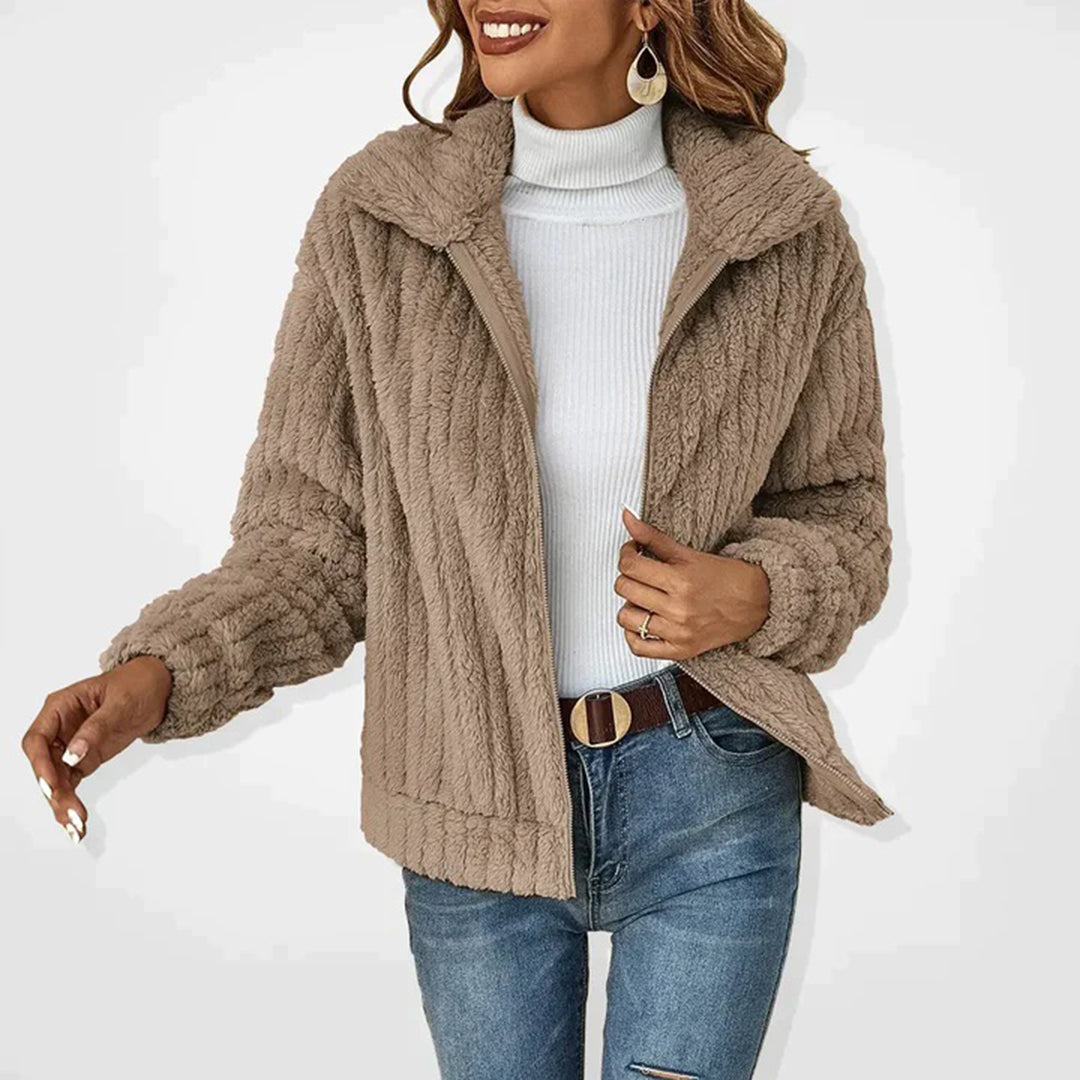 Komfortowy fleece damski kardigan - Charlotte-Khaki-S-Trend Polska