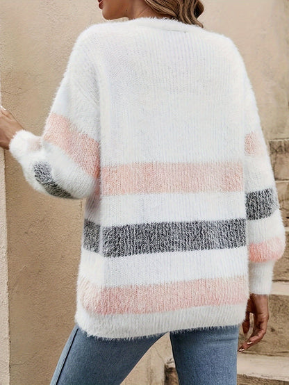 Prążkowany sweter V-neck dla kobiet - Luna-Mieszany kolor różowy-XS-Trend Polska