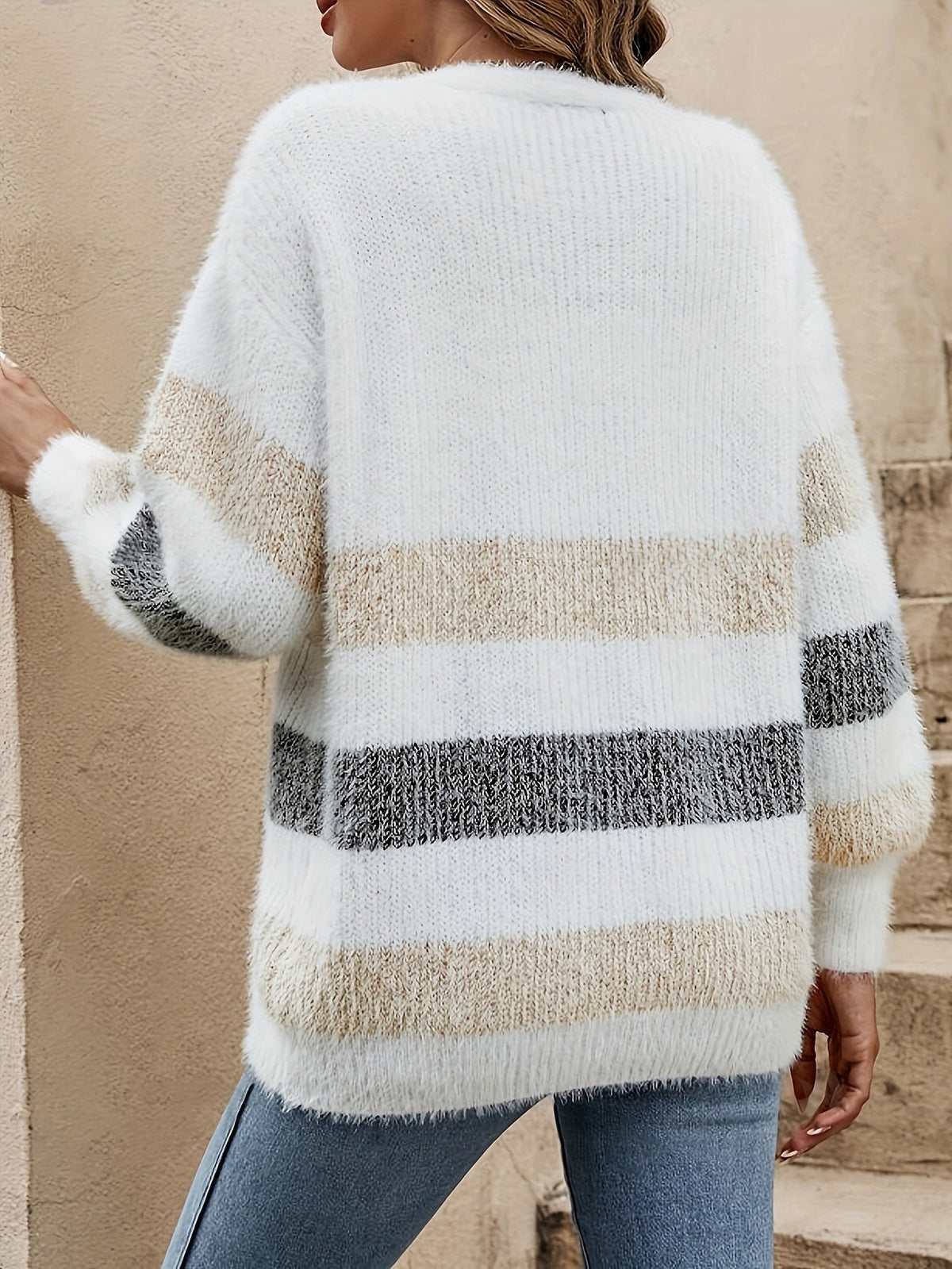 Prążkowany sweter V-neck dla kobiet - Luna-Mieszany kolor różowy-XS-Trend Polska