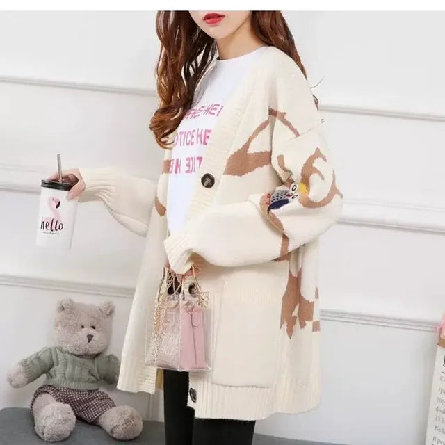 Sweter kardigan z figlarnym nadrukiem i zapięciem na guziki - Nova-Beżowy-XS-Trend Polska