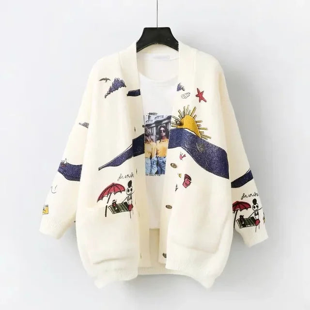 Sweter kardigan z figlarnym nadrukiem i zapięciem na guziki - Nova-Biały-XS-Trend Polska