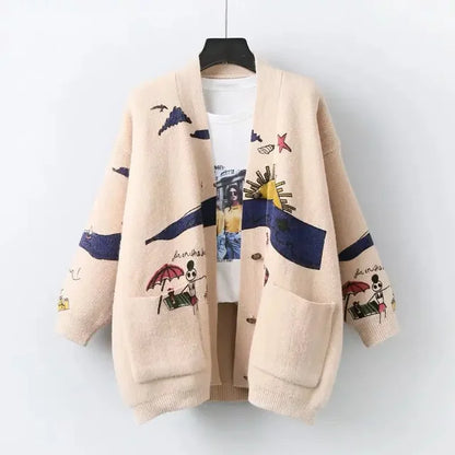 Sweter kardigan z figlarnym nadrukiem i zapięciem na guziki - Nova-Niebieski-XS-Trend Polska