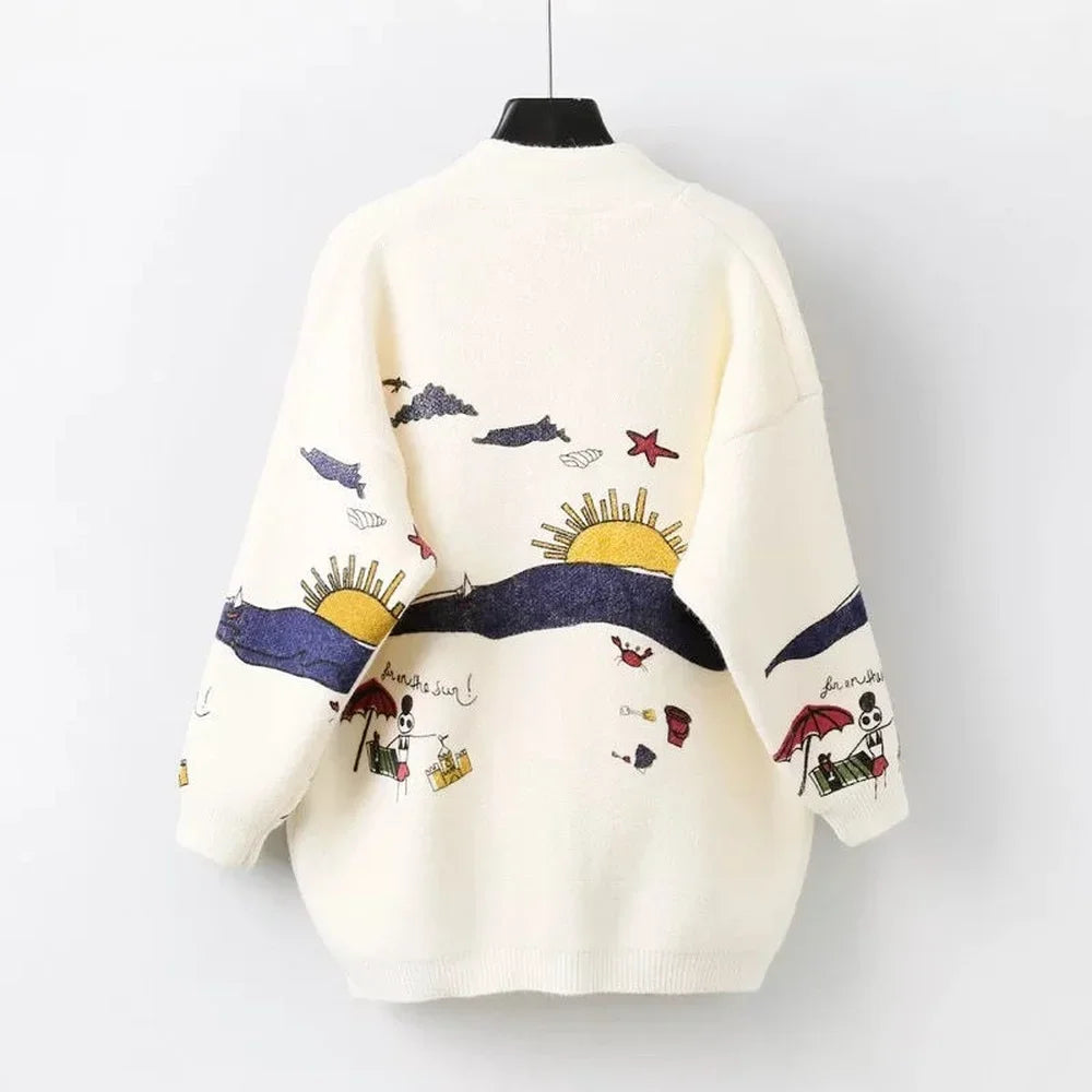 Sweter kardigan z figlarnym nadrukiem i zapięciem na guziki - Nova-Niebieski-XS-Trend Polska