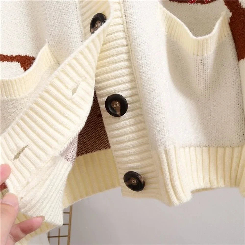 Sweter kardigan z figlarnym nadrukiem i zapięciem na guziki - Nova-Niebieski-XS-Trend Polska